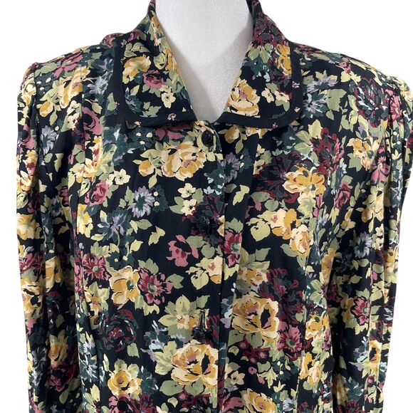 VTG 80s Puff Sleeve Floral Button Up Maxi Dress Sz 16 Cottage Shoulder Pads Boho - Picture 2 of 11